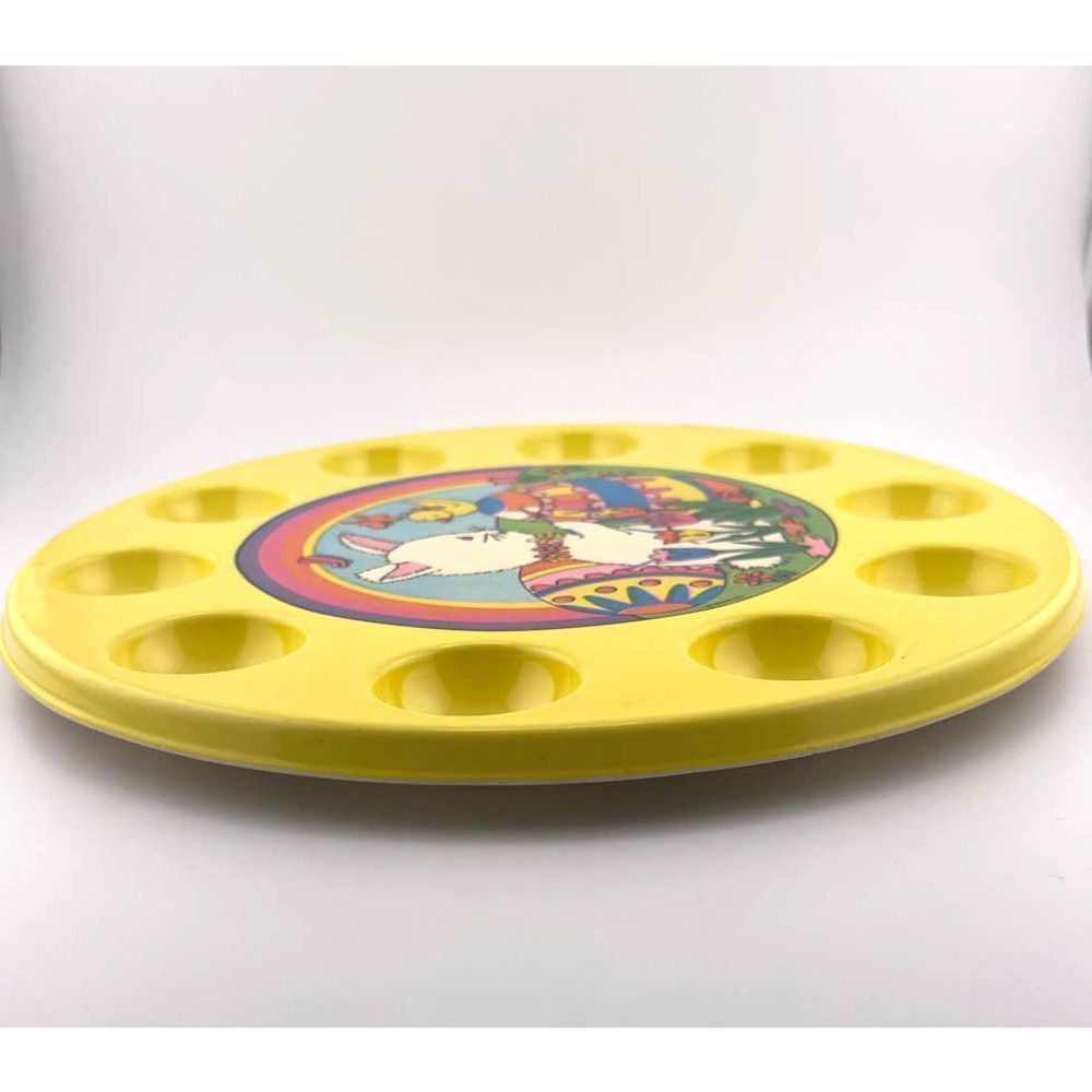 Vintage 1980s Yellow Multi Color Easter Egg Displayer Bunny Duck Tulips - Picture 3 of 4